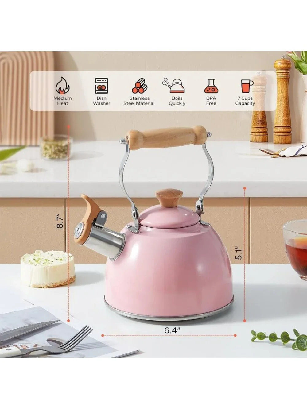 ROCKURWOK 1.6 Quart Pink Whistling Tea Kettle Stainless Steel Stovetop Tea Pot